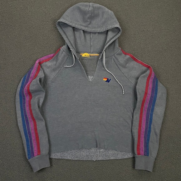 Aviator Nation Tops - Aviator Nation Hoodie Womens Large Gray Split Neck Cropped Striped Fleece Logo